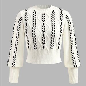 NWT Commense White and Black Contrast Binding Cinched Sweater, size Small
